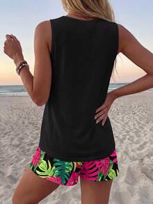 Sylviya 女士夏季多色针织无袖吊带背心和热带印花短裤套装（带口袋） 女士夏季套装 女士热带风情套装 女士夏季套装 女士短裤套装 女士度假夏季短裤套装 女士热带度假服装 - 彩色 - 查看 2