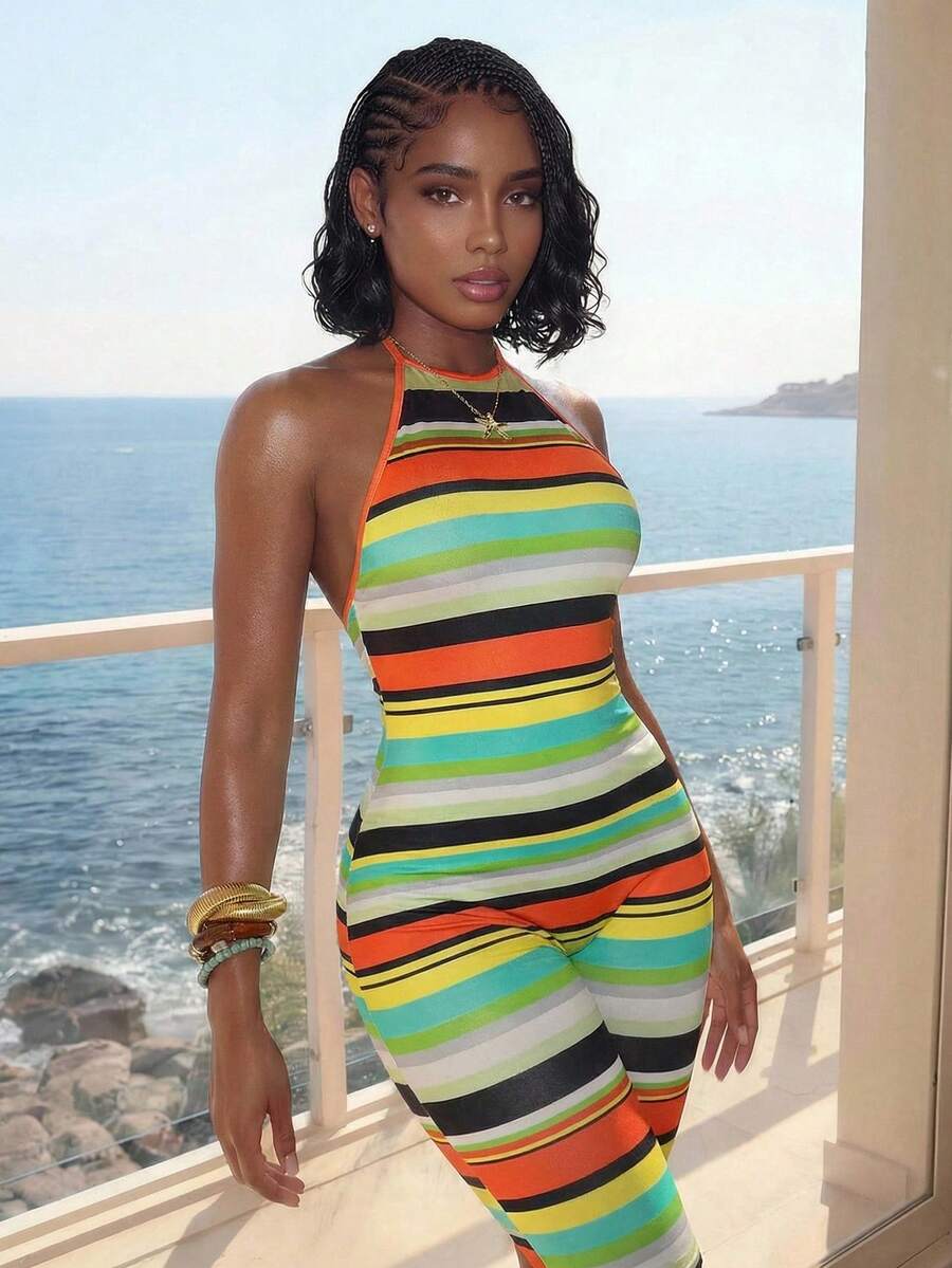 EgrlEra Women's Color Block Halter Tie Back Casual Jumpsuit For Vacation & Daily Wear - Multicolor - View 1