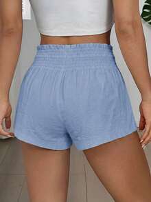 SHEIN EZwear 2026夏季女式休闲纯色浅蓝色抽绳腰侧口袋短裤 - 淺藍色 - 查看 2