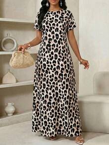 SHEIN Lady 女士豹纹圆领短袖休闲连衣裙 - 彩色 - 查看 5