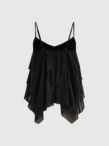 ROMWE 音乐节装扮亮片串珠链条设计不对称宽松下摆吊带背心 - 黑色 - 查看 5