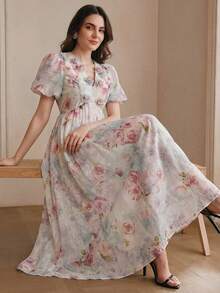 Anewsta 女士长款连衣裙，深V领，正面镂空花瓣装饰，泡泡袖，收腰，喇叭裙摆，雪纺印花优雅度假连衣裙 - 白色 - 查看 4