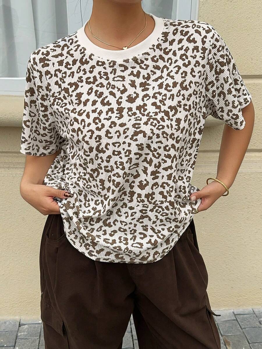 Dazy Plus 豹纹宽松圆领短袖T恤 夏季 - 白色 - 查看 1