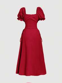 SHEIN MOD Vestido amarillo de longitud media con mangas de pétalos y cintura con lazo - Rojo - Ver 5