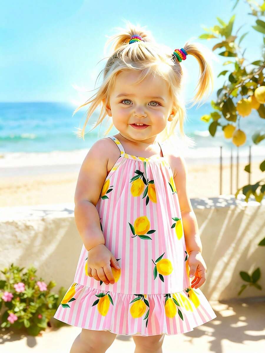 SHEIN Playful Pals 女嬰夏季無袖洋裝 可愛粉色條紋檸檬印花 度假海灘休閒度假風 細肩帶設計 適合戶外玩耍與日常穿著 - 彩色 - 查看 1