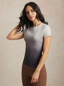 Activina 女士字母印花渐变短袖马术上衣 - 棕色 - 查看 4