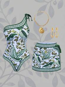 Swim Oasis Bộ đồ bơi liền thân và váy quấn nữ Xuân/Hè 2026 SS thanh lịch, lãng mạn phong cách BOHO, họa tiết lá nhiệt đới, hoa lá, phong cảnh, bất đối xứng vai, dây đeo nơ điều chỉnh được, thích hợp cho bãi biển, kỳ nghỉ, tiệc trà chiều, dã ngoại, tiệc tùng, mặc hàng ngày, hoạt động ngoài trời, trang phục thời trang. - Màu xanh lá cây đậm - Xem 11