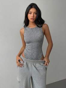 SHEIN BASICS Casual Solid Color Knit Backless Bodysuit For Women/Summer Gym Bodysuits For Woman Yoga Bodysuit Push Up Body Suit - Light Grey - View 6