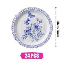 蓝白蝴蝶花枝图案一次性餐盘、餐巾纸和杯子，派对用品套装，可供 24 人使用，一次性纸质派对餐具，适合生日、婚礼、主题派对、家庭野餐。 - 查看 6