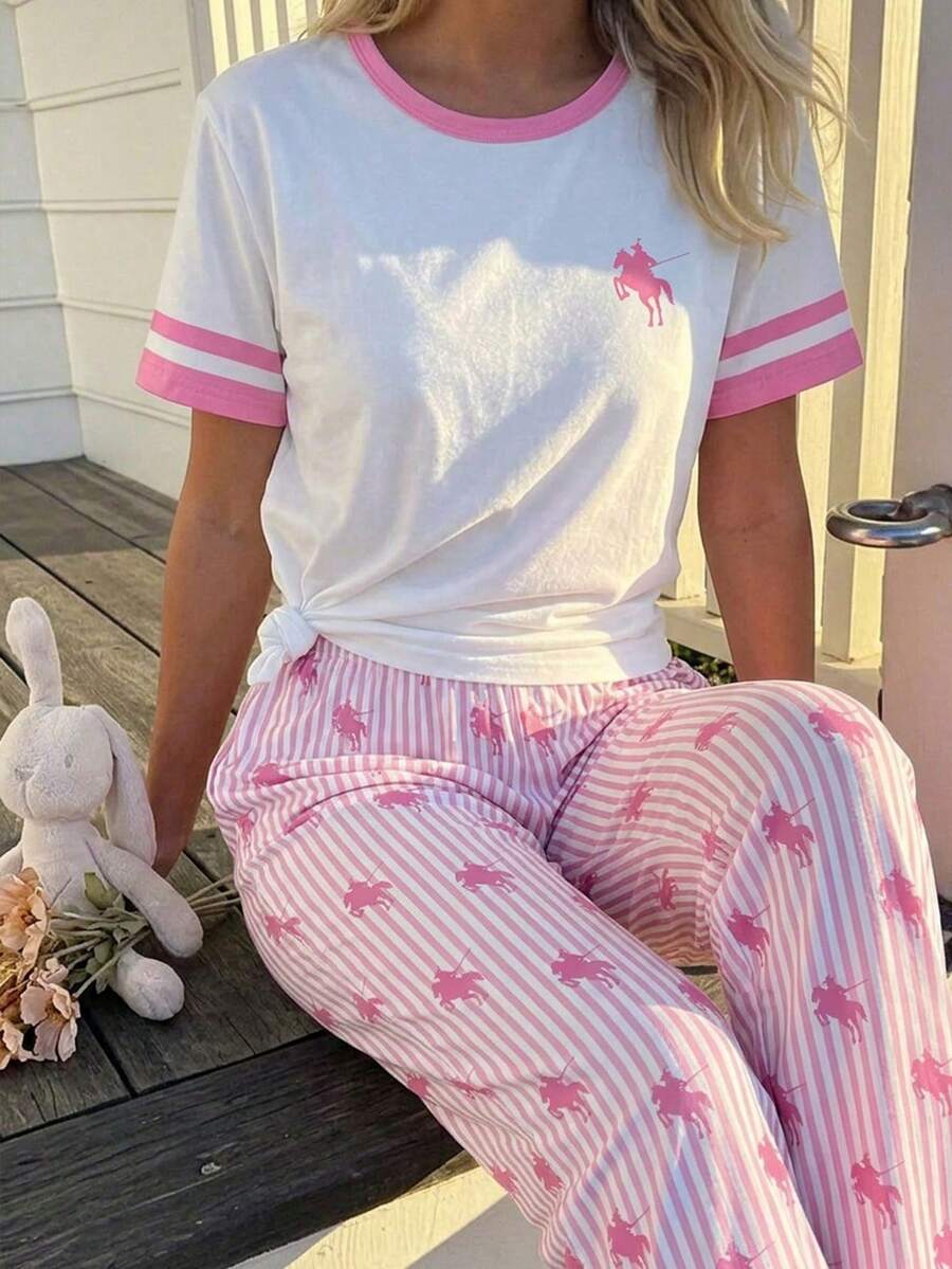 SHEIN 少女睡衣套装,包括一件马图案针织撞色圆领短袖T恤和一条条纹长裤,休闲舒适的春夏睡衣。 - 白色 - 查看 1
