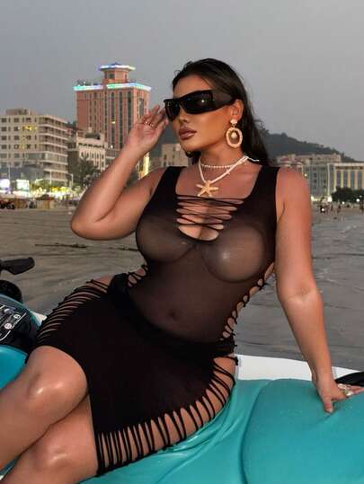 Swim SXY 2026新款性感浪漫黑色无袖弹力针织加大码女式罩衫