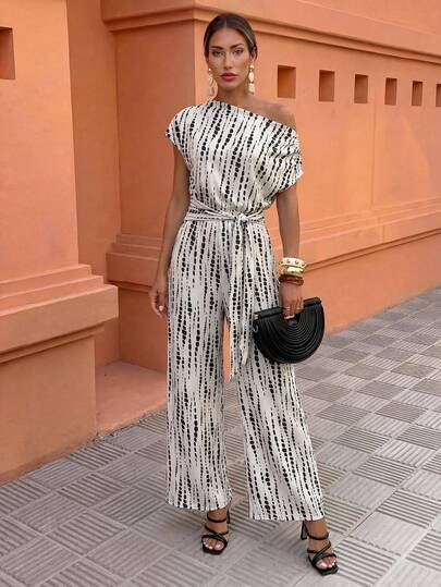 Flora Isola Flora Isola 女士全印花不对称领蝙蝠袖系带阔腿连体裤，适合约会、工作、度假、假日、休闲穿着