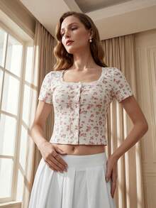 女士胸前花纹蕾丝方领修身短袖趣味T恤 - 白色 - 查看 8