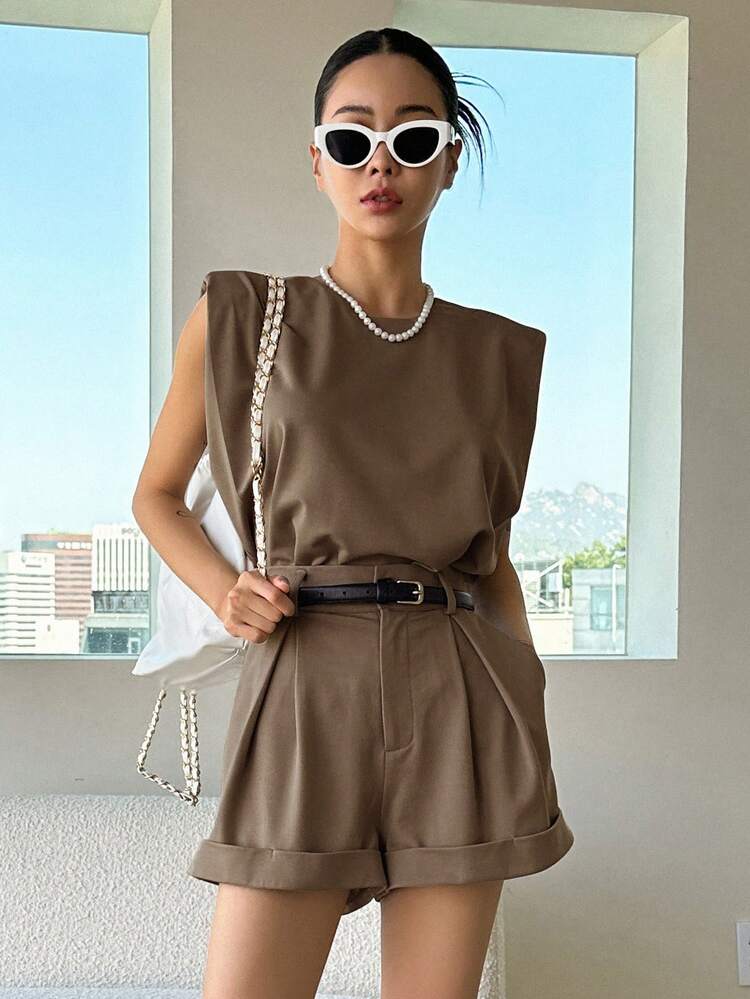Women's Solid Color Short Sleeve Korean Style Sleeveless T-Shirt And Loose Shorts 2-Piece Set