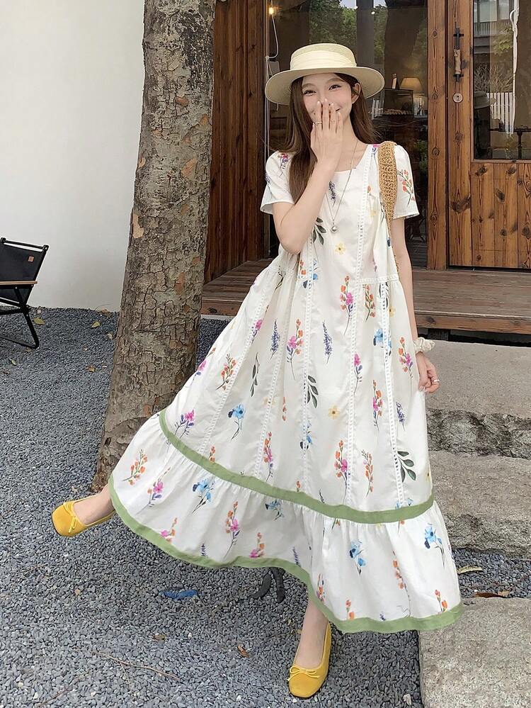 Women's Round Neck Korean Style All-Over Print Loose Casual Mid-Length Dress, Spring/Summer Floral Dresses For Women