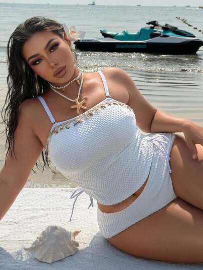 Swim Vcay 2026新款春夏加大码女式贝壳装饰面料抽绳优雅上衣搭配常规三角泳裤夏季度假休闲派对比基尼套装