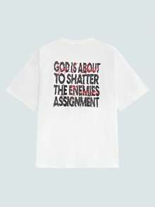 Modcrash 男士夏季宗教风格图案T恤，印有“击败敌人”的口号，街头时尚，复古美式，男女皆宜，宽松版型夏季服装——适合日常穿着和夏季度假穿着。 - 白色 - 查看 1