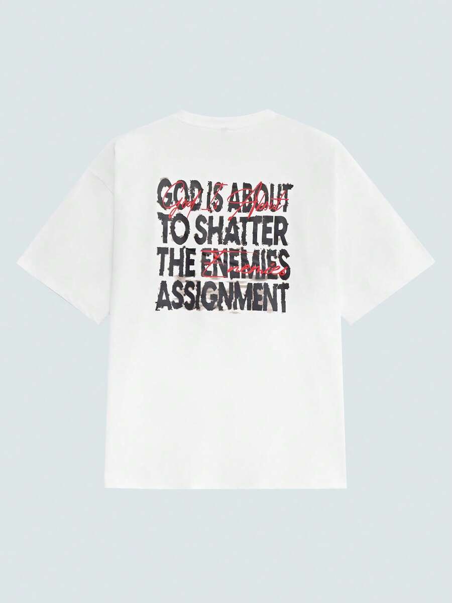 Modcrash 男士夏季宗教风格图案T恤，印有“击败敌人”的口号，街头时尚，复古美式，男女皆宜，宽松版型夏季服装——适合日常穿着和夏季度假穿着。 - 白色 - 查看 1