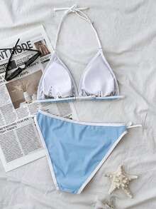 SHEIN 少女纯色简约海军蓝白撞色吊带比基尼套装，休闲沙滩度假装，夏季时尚新品 - 淺藍色 - 查看 2