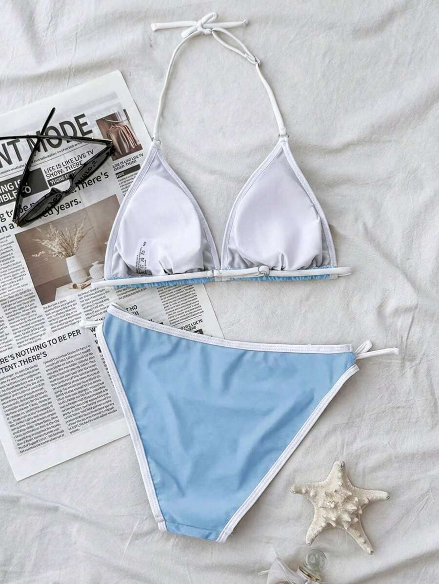 Bộ bikini hai mảnh màu trơn tối giản dành cho thiếu nữ, phối màu xanh navy và trắng, kiểu dáng tương phản, thích hợp cho kỳ nghỉ hè, trang phục đi biển thường ngày, hàng mới về. - Màu xanh nhạt - Xem 1