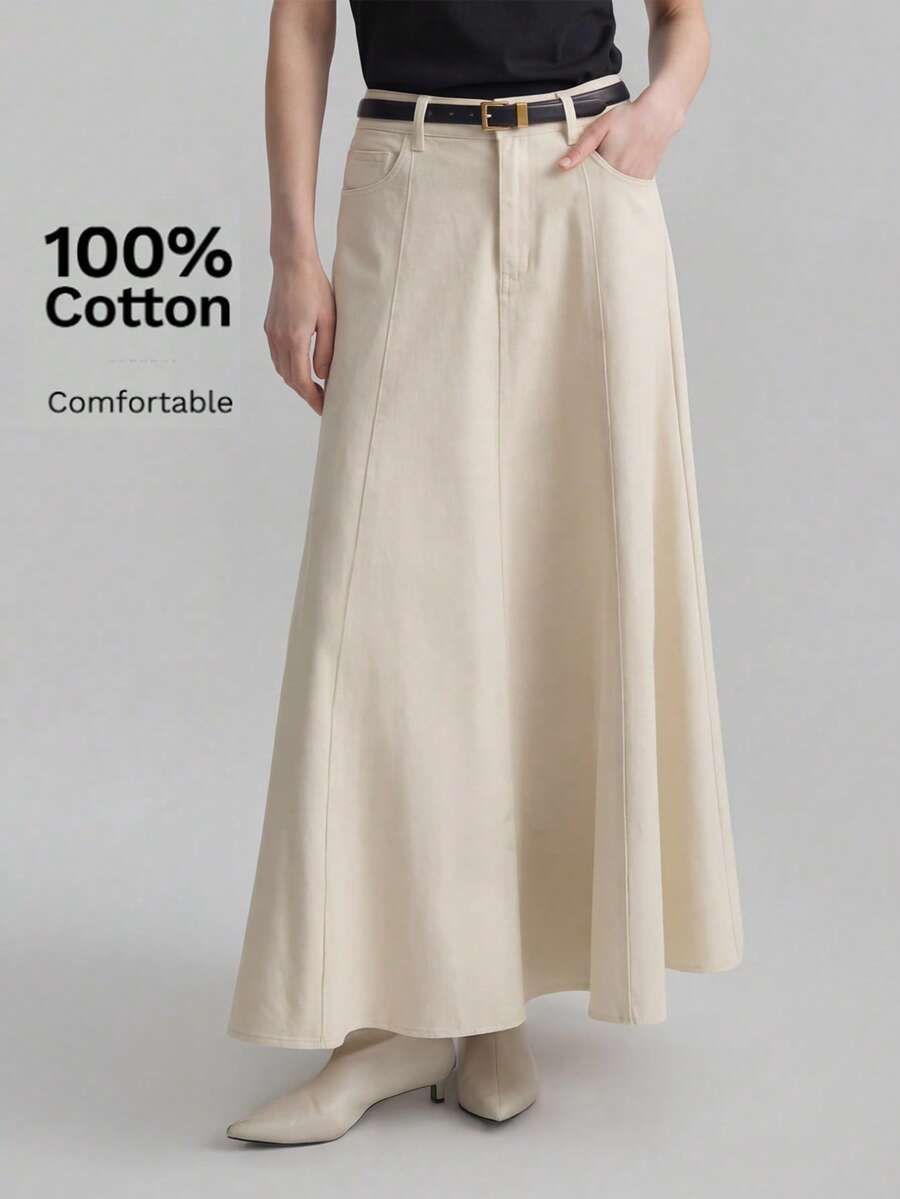 Ontre Falda midi de línea A minimalista de color albaricoque para mujer, primavera/verano 2026, uso diario casual, estilo minimalista retro, para ir a la ciudad, elegancia sencilla