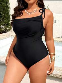 Swim Vcay Traje de baño de una pieza sexy y elegante para mujer de talla grande, con un solo tirante, diseño plisado 3D, tela de alta elasticidad, adecuado para la playa, viajes y fiestas de vacaciones - Negro - Ver 3