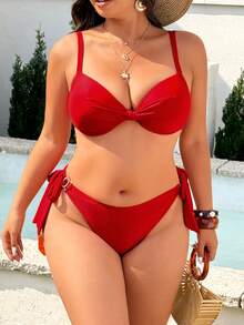 Swim Vcay Plus Size Women's Solid Color 2-Piece Spaghetti Strap Gathered Tie-Front Triangle Bikini Swimwear, Suitable For Beach & Holiday - Red - View 1