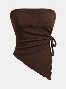 SHEIN Girlism 少女修身休闲简约舒适无袖不对称下摆背心 - 棕色 - 查看 1