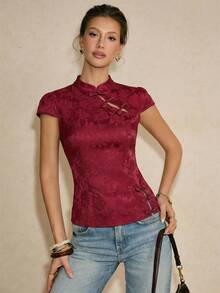 Poéselle New Chinese Style Waist-Cinching Cheongsam Top,Summer Top - Burgundy - View 5