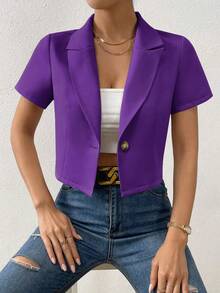 Breezaya Women's Solid Color Mottled Lapel Single-Breasted Short Sleeve Blazer - Purple - View 6