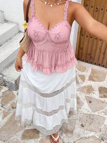 Sunnyshic Plus Size Pink Embroidered Ruffle Trim Bow Camisole - Pink - View 6