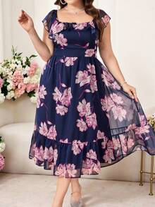 Reflora 大码女士优雅印花连衣裙，夏季婚礼宾客礼服 - 彩色 - 查看 6