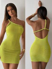 Aloruh Đầm mini ôm sát gợi cảm tối giản dành cho nữ với dây đeo bện - màu xanh lá - Xem 1