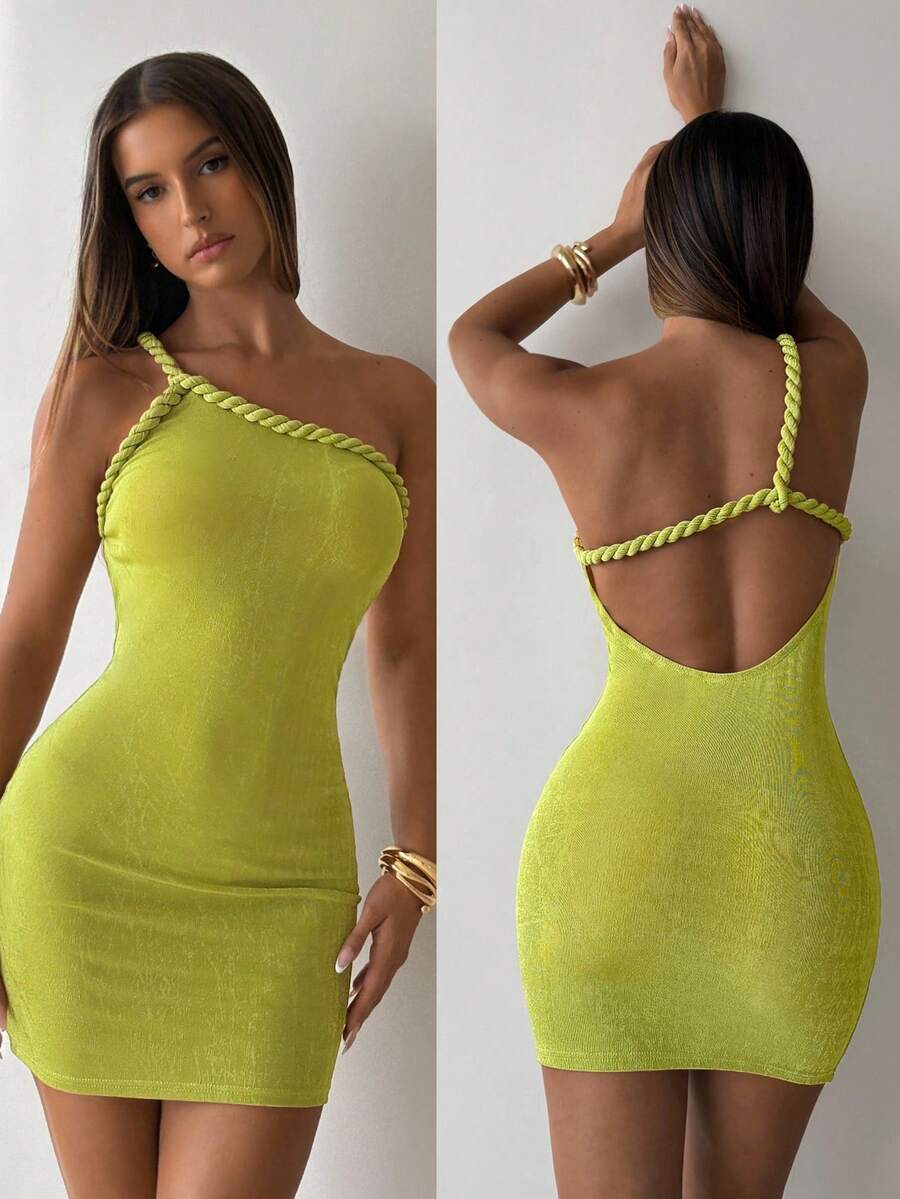 Aloruh Đầm mini ôm sát gợi cảm tối giản dành cho nữ với dây đeo bện - màu xanh lá - Xem 1