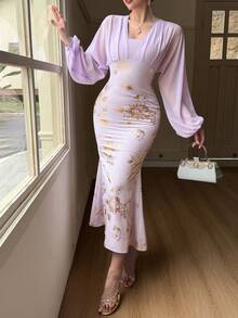 DAZY Damen Laternärmel Figurbetontes elegantes langes Kleid, Blumenkleid für Damen, Sommerkleid für Damen - Mauve - Übersicht 2