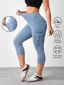 Flexra 3/4 Length Denim Cargo Pocket Skinny Jeggings Everyday Light Blue Summer Casual - Blue - View 2