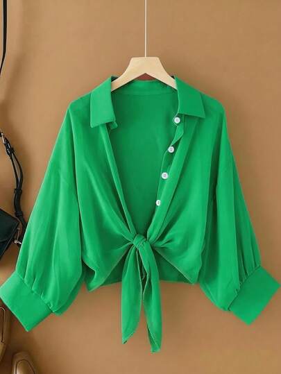 GlowEve CURVE Plus Size Women's Solid Color Drop Shoulder Long Sleeve Single-Breasted Casual Shirt Blouse For Women