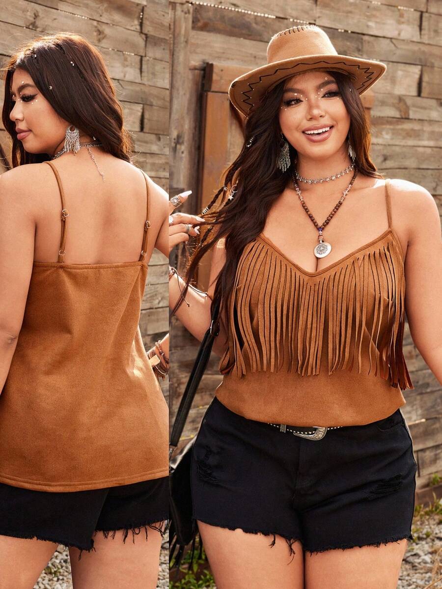 Ceyna 2026新款女士大码无袖流苏波西米亚风度假音乐节吊带背心 - 卡其色 - 查看 1