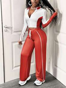 SHEIN BamGlam Bộ đồ hai mảnh thường ngày dành cho nữ, thiết kế phối màu, áo khoác dài tay có khóa kéo và quần ống rộng có dây rút, thích hợp cho mùa thu. - Đỏ - Xem 4