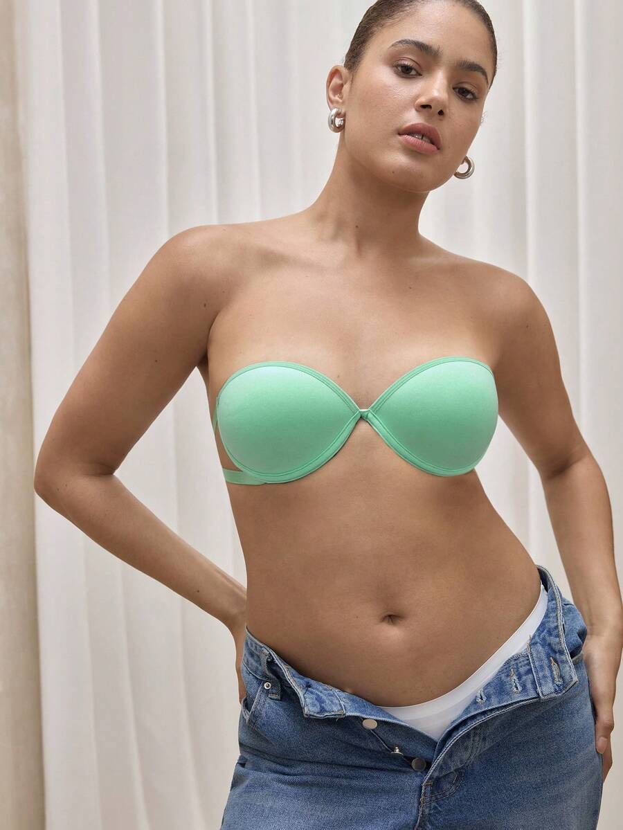Bralution 薄荷绿钢圈加厚文胸,无背支撑提拉,魅力优雅的Y2K风格女士内衣 - 綠色 - 查看 1