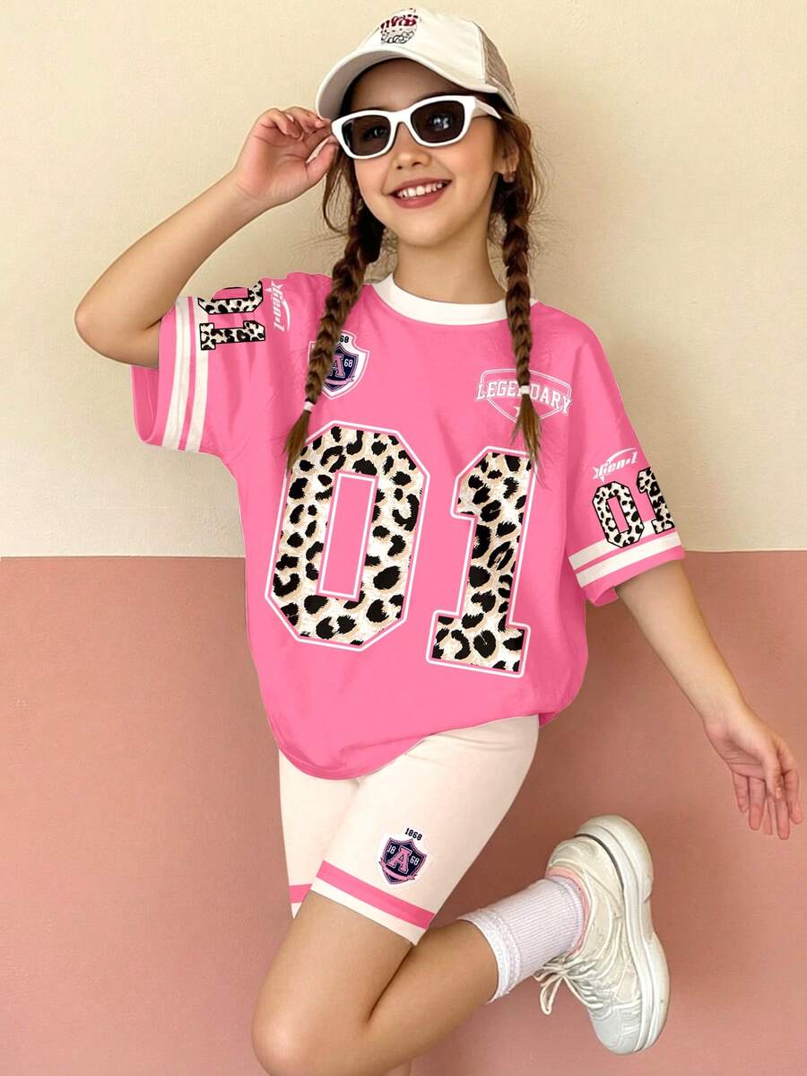 2pcs Cream White & Pink, Fashionable English Number Leopard Print 01 Striped Jersey, Tween Girls Casual Minimalist Comfortable Round Neck Short Sleeve T-Shirt And Shorts Set, Suitable For Spring/Summer Daily Wear, Sports, Outdoor, World Cup, Homecoming - White - View 1