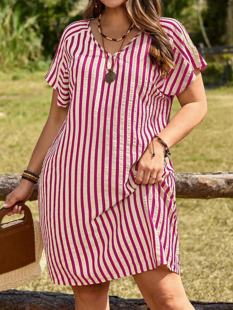 Plus Size Women Striped V-Neck Short Sleeve Casual Loose Dress