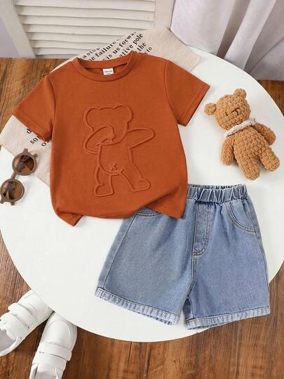 SHEIN 2件套儿童男童休闲百搭舒适圆领宽松短袖针织T恤和牛仔短裤套装