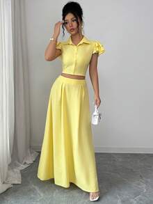 SHEIN Elenzya Elegant Romantic Vacation & Office Lady Blouse + Midi Skirt 2 Pieces Set Yellow Skirt Set Long Skirt 2 Piece Set Sets 2 Piece Women Yellow 2 Piece Set Women Yellow Two-Piece Set Yellow Terno For Women Yellow Dresses For Ladies Yellow Two Piece Set Wow Dress Women Work Outfits Set Formal Attire For Women Blouse Set Blouse And Skirt Terno Women Formal Skirt And Top Set For Women Formal Skirt And Blouse Set Formal - Yellow - View 4