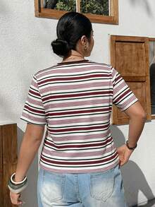 Dazy Plus Colorblock Patchwork Small Round Neck Fashion Striped Short Sleeve Street Style Plus Size Women Spring Summer T-Shirt - Redwood - View 4