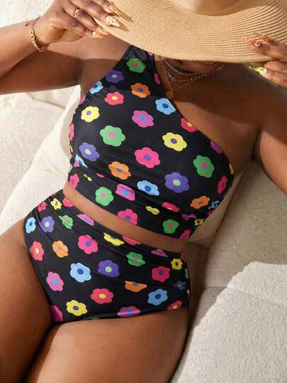Slaydiva Plus Size Women Floral Print Tankini Top And Triangle Bottoms Swimsuit Set, Suitable For Beach/Vacation