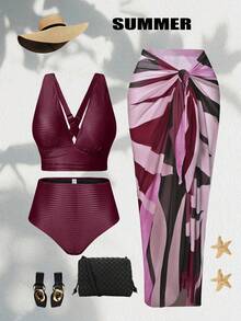 Swim Oasis Plus rozmiar Jednokolorowe bikini z biustonoszem, kąpielówkami i wiązana spódnicą na wakacje na plaży, 3 szt., letnia plaża - Fioletowy - Zobacz 1