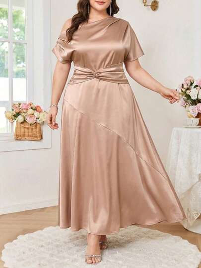 SHEIN Clasi Plus Size Women's Solid Color Asymmetric Neck Short Sleeve Twist Waist Elegant Dress Satin Dress Plus Size Elegant Satin Dress Curve Elegant Dress Rose Gold Dress Women Plus