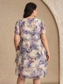 Reflora 大码女式碎花圆领荷叶袖时尚连衣裙 - 彩色 - 查看 3