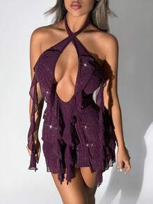 SHEIN ICON Vestido mini de fiesta de cita de moda con cuello de volantes de unicolor para mujer - Morado - Ver 6